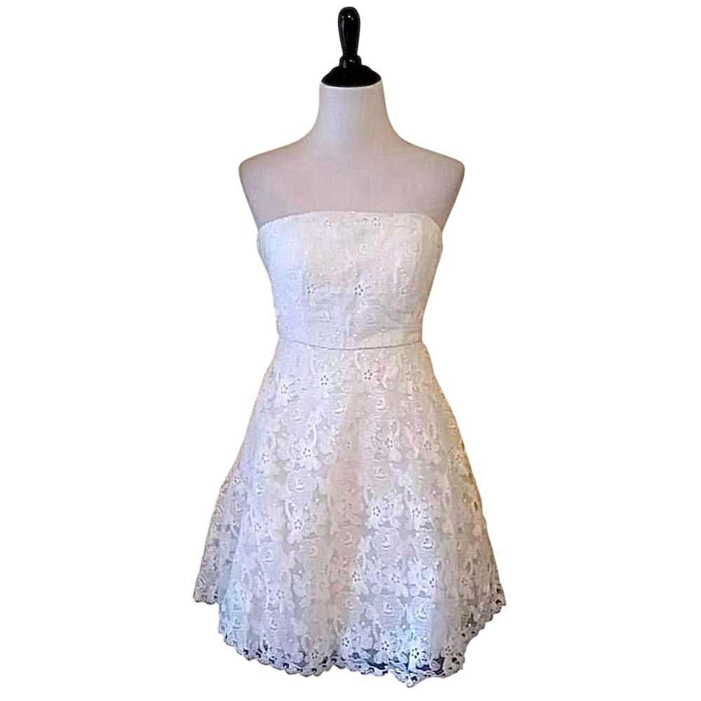 White Strapless Mini Dress by Geode Embroidered Wedding Lace Formal Size Small